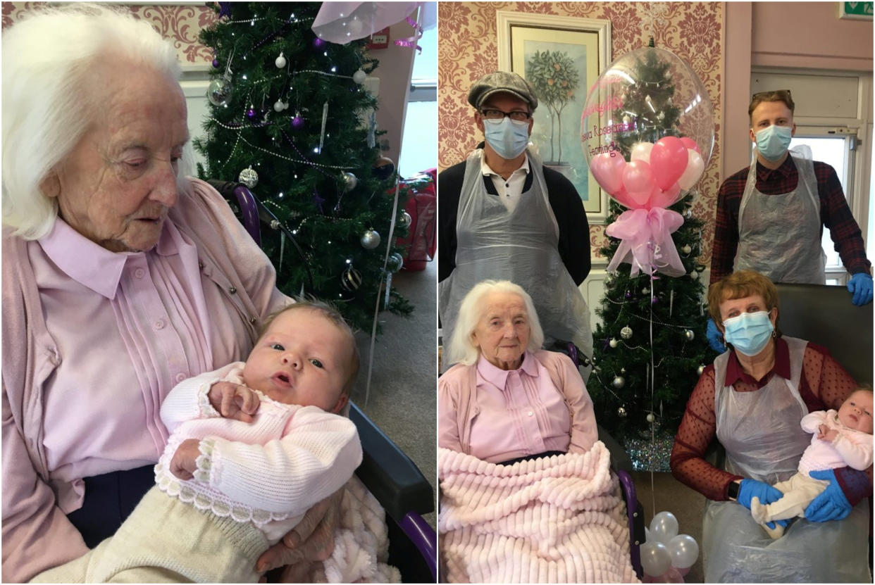 In an incredibly special moment, the Smith family watched as the 100-year-old held Maeva - the first born girl for the first time in 75 years. See SWNS story SWNNgirl; A family who introduced their 100-year-old grandmother to her great-great-granddaughter has said that their baby is the first girl to be born in 75 years. Gwen Smith first met baby Maeva at her home in Dene Holm Residential Care Home in Northfleet, Kent - a meeting that spanned over five generations. In an incredibly special moment, the Smith family watched as the 100-year-old held Maeva for the first time. Speaking about that day, Gwen's family said: 