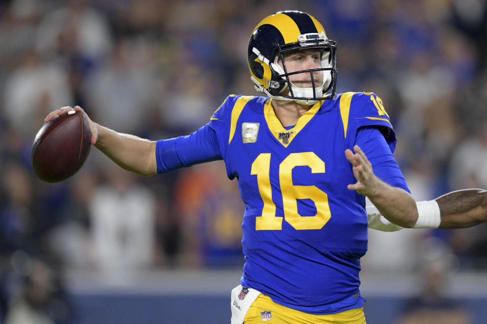 Los Angeles Rams quarterback Jared Goff passes against the Chicago Bears during the first half of an NFL football game Sunday, Nov. 17, 2019, in Los Angeles. (AP Photo/Kyusung Gong)