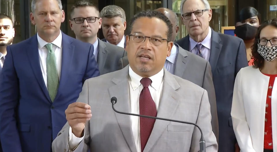 FILE - In this image taken from video, Minnesota Attorney General Keith Ellison speaks to the media June 25, 2021, at the Hennepin County Courthouse in Minneapolis, with the prosecution team, after Hennepin County Judge Peter Cahill sentenced former Minneapolis police Officer Derek Chauvin to 22 1/2 years in prison, for the May 25, 2020, death of George Floyd. (Court TV via AP, Pool, File)
