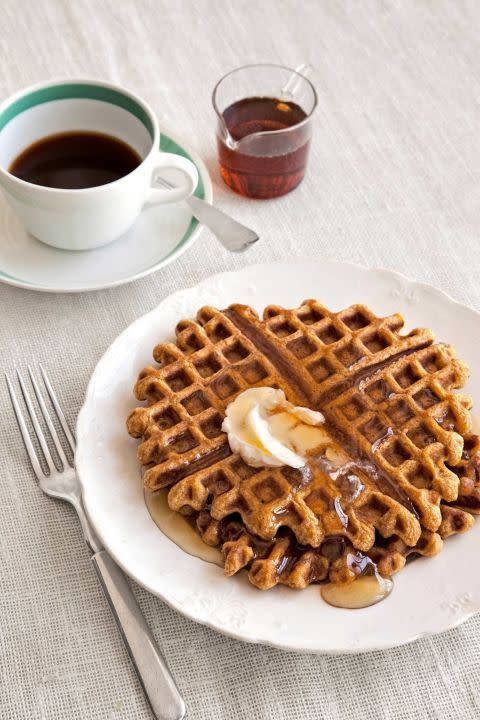 <p>Give your waffles some Thanksgiving flavor by adding pumpkin puree to your batter.</p><p><strong><a href="https://www.countryliving.com/food-drinks/recipes/a2992/pumpkin-ginger-waffles-recipe/" rel="nofollow noopener" target="_blank" data-ylk="slk:Get the recipe;elm:context_link;itc:0;sec:content-canvas" class="link ">Get the recipe</a>.</strong></p>