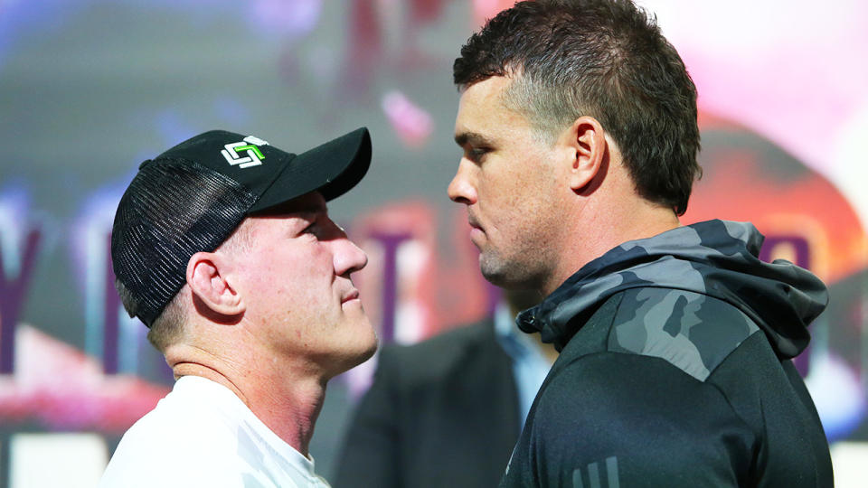 Paul Gallen and Darcy Lussick, pictured here facing off during a press conference.