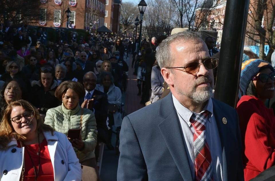 Maryland State Delegate Bill Wivell, District 2A, listens to Gov. Wes Moore speak at Moore's inauguration on Wednesday in Annapolis.