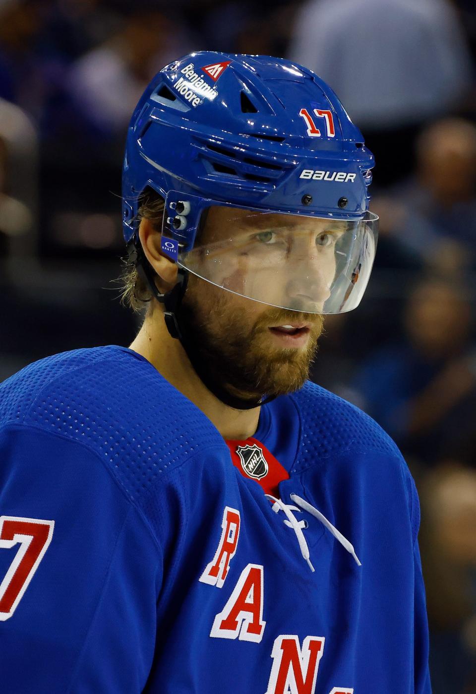 NEW YORK, NEW YORK - SEPTEMBER 26: Blake Wheeler #17 of New York Rangers skates against the New York Islanders during a preseason game at Madison Square Garden on September 26, 2023 in New York City.