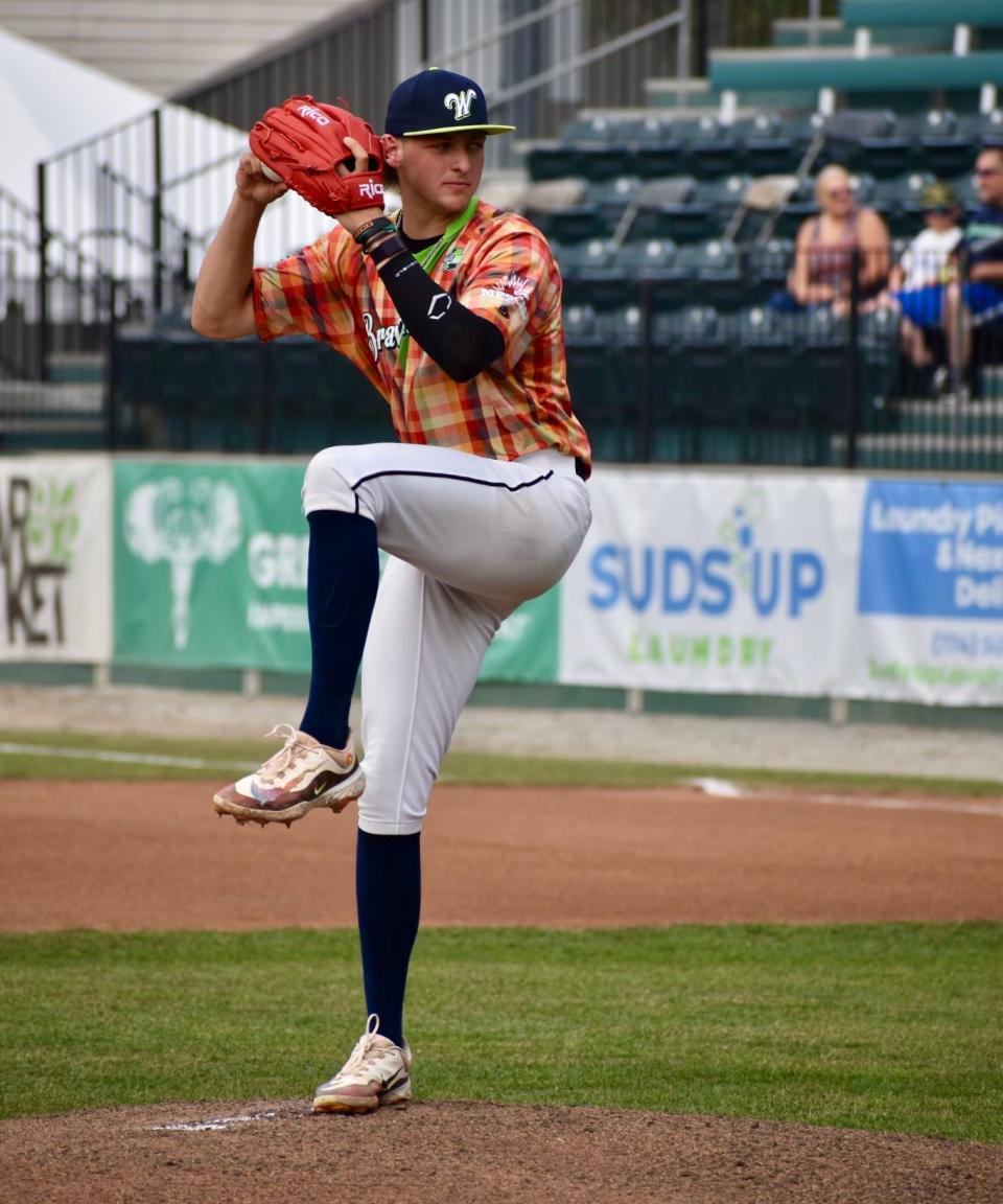 Leominster native and Groton School graduate Dylan Vigue throws a pitch for the Worcester Bravehearts earlier this season.