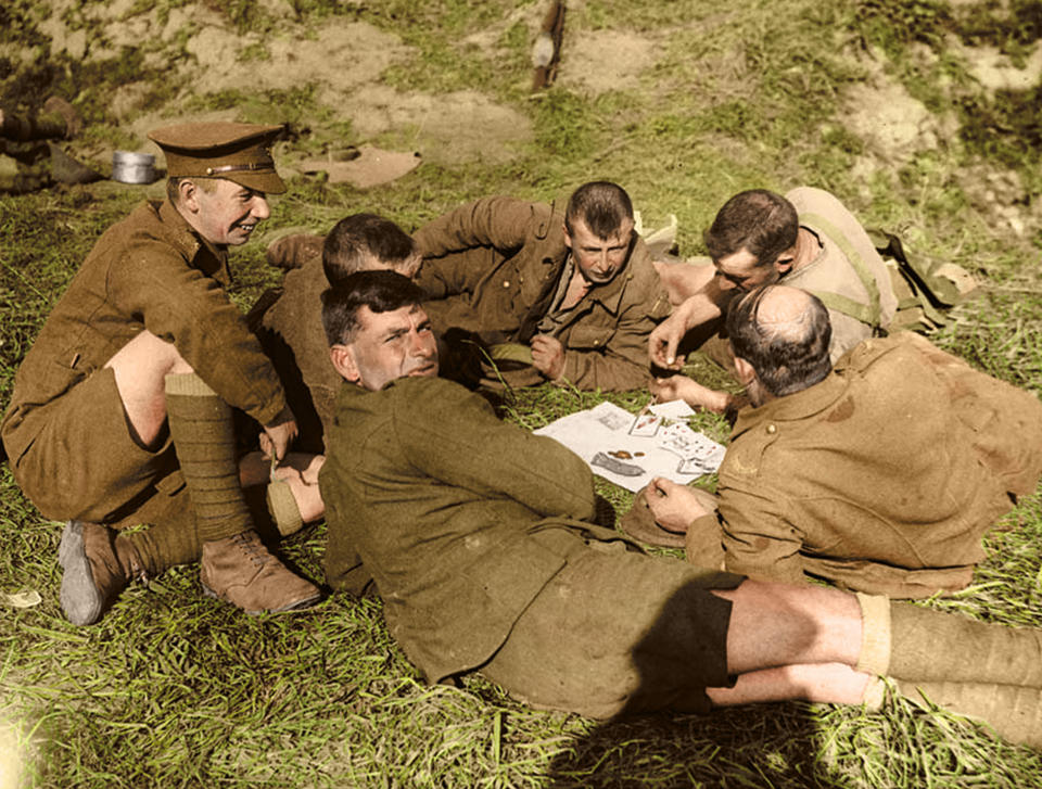 <p>Men of the 8th Battalion, King’s Own Yorkshire Light Infantry playing cards near Ypres, 1st October 1917. (Tom Marshall/mediadrumworld.com) </p>