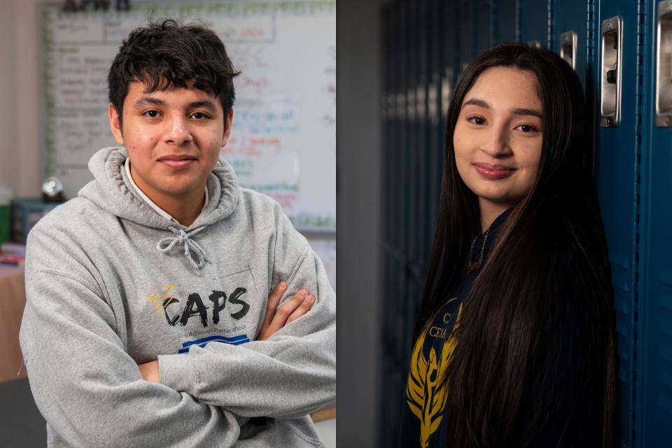Derick and Ashly Callejas, both 18, pose for photos at College Achieve Central Charter School in North Plainfield, N.J.