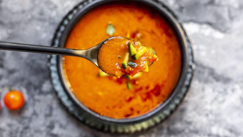 gazpacho cold tomato soup with cucumber topping