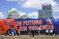 Fred Guttenberg, whose daughter Jaime was killed in the Marjory Stoneman Douglas High School shootings in 2018, speaks at the kick off of the Giffords Florida bus tour, Thursday, Sept. 8, 2022, in Miami. Giffords Florida was launched by Giffords, the national gun violence prevention organization led by former Rep. Gabrielle Giffords of Arizona, in support of Florida candidates to end gun violence. (AP Photo/Lynne Sladky)