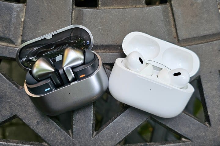 Samsung Galaxy Buds 3 Pro next to Apple AirPods Pro Gen 2.