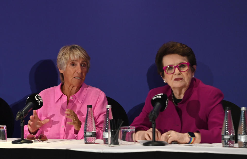 Rosie Casals and Billie Jean King during a press conference, as the WTA celebrates their 50th with founding members on June 30, 2023 in London, England.  / Credit: Kate Green
