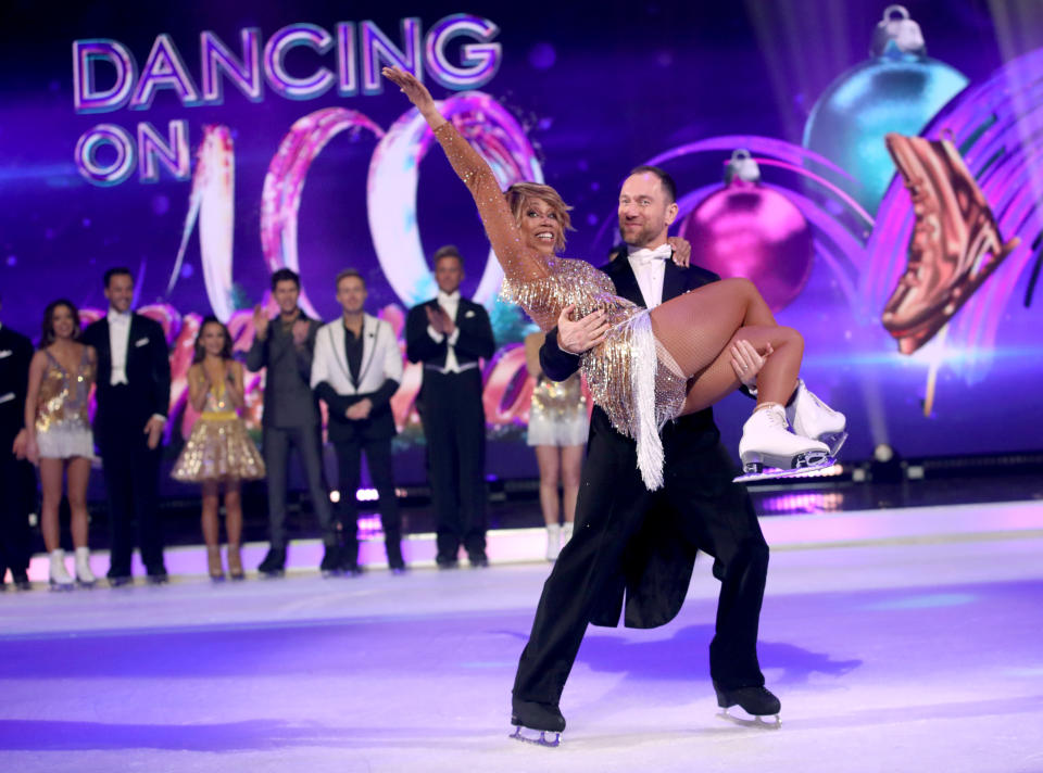 LONDON, ENGLAND - DECEMBER 09:  Trisha Goddard and Lukasz Rozycki 
 during the Dancing On Ice 2019 photocall at ITV Studios on December 09, 2019 in London, England. (Photo by Mike Marsland/WireImage)