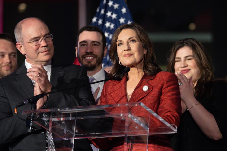 Joy Hofmeister gives her concession speech Tuesday at her watch party at the Oklahoma History Center in Oklahoma City.