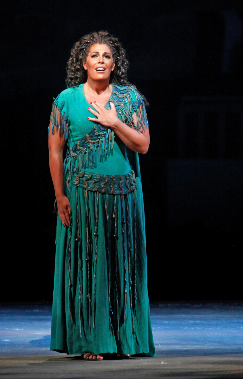 In this Feb. 28, 2012 photo provided by the Metropolitan Opera, Sondra Radvanovsky plays Aida during her Tuesday evening perfornance in Verdi's "Aida" at the Metropolitan Opera in New York. Given only a 90-minute walk through earlier in the day, Radvanovsky replaced Violetta Urmana and sang the title role for the first time the at the Met. (AP Photo/Metropolitan Opera, Cory Weaver)