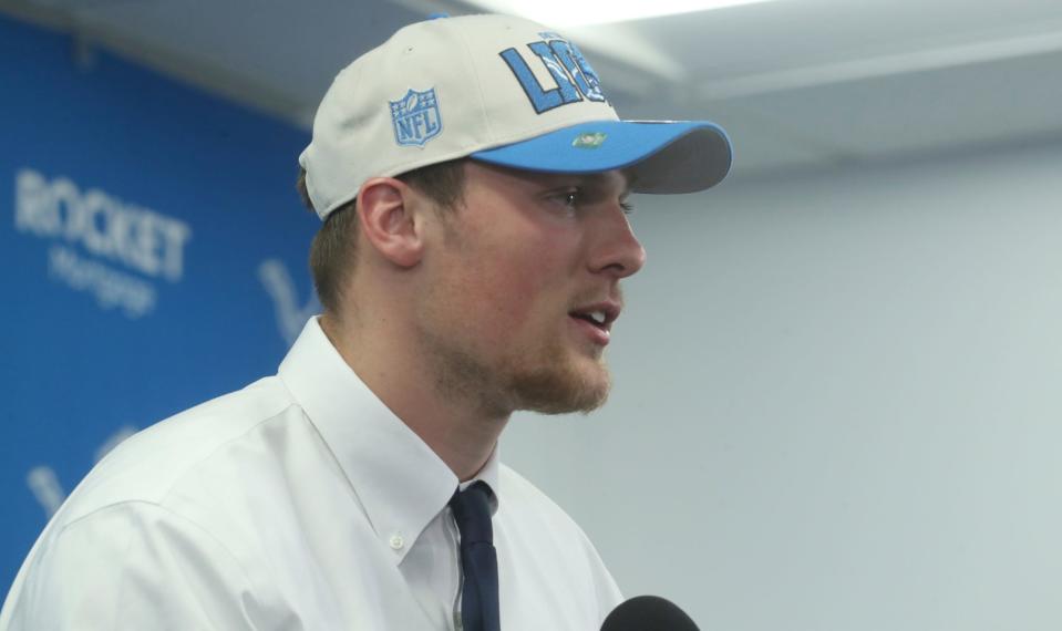 Detroit Lions first-round draft pick Jack Campbell from Iowa talks with reporters during the players' introductory news conference at team headquarters in Allen Park on Friday, April 28, 2023.