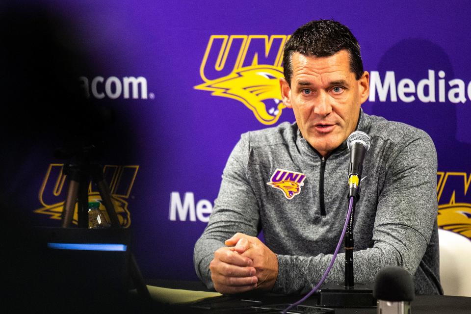 Northern Iowa head coach Ben Jacobson speaks to reporters during Panthers men's basketball media day, Monday, Oct. 17, 2022, at the McLeod Center in Cedar Falls, Iowa.