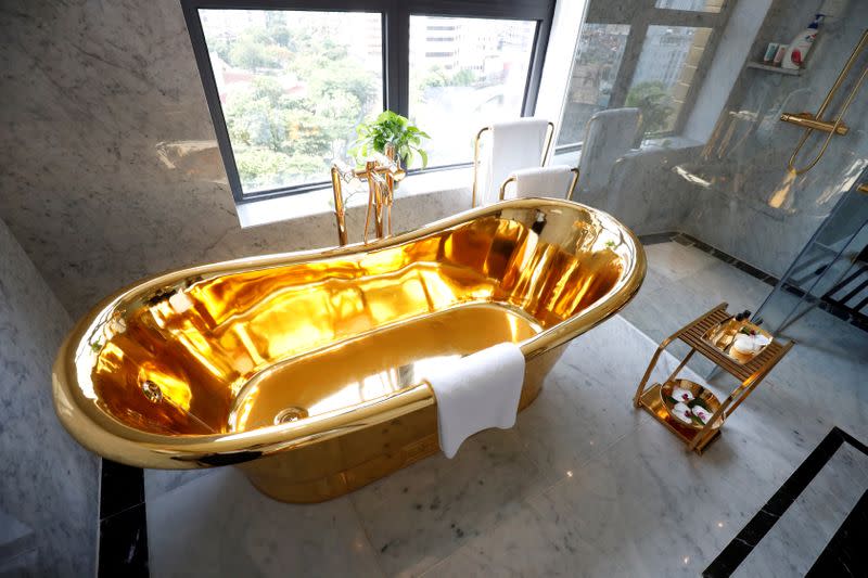 FILE PHOTO: A gold-plated bathtub is seen in the newly inaugurated Dolce Hanoi Golden Lake luxury hotel, after the government eased a nationwide lockdown following the global outbreak of the coronavirus disease (COVID-19), in Hanoi, Vietnam