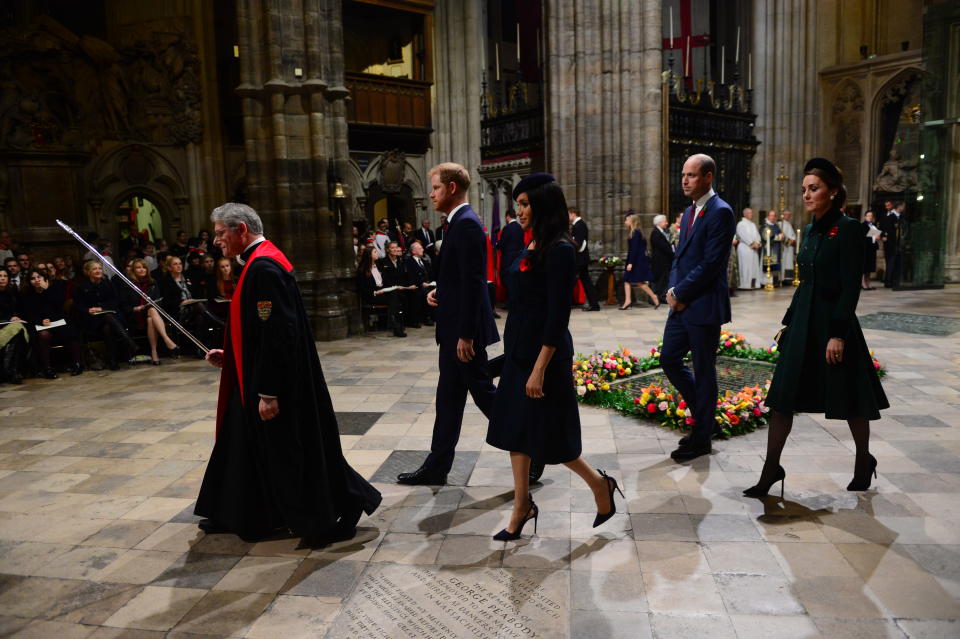 The Duke and Duchess of Sussex were seen entering the church first, before the Duke and Duchess of Cambridge followed. Photo: Getty Royal fab four reunite for Remembrance Day service: Prince William, Kate Middleton, Prince Harry, Meghan Markle 