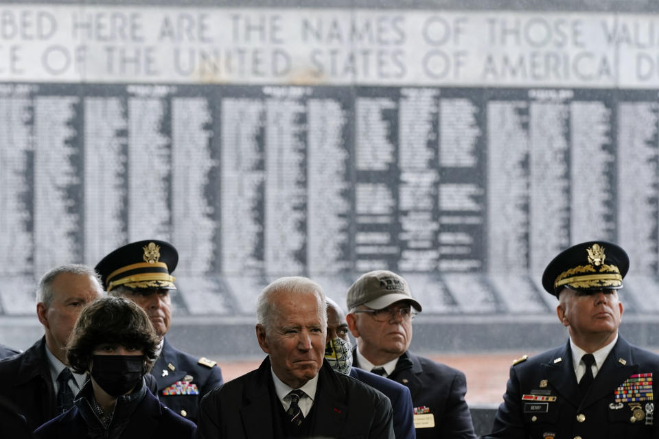 President Joe Biden attends a Memorial Day event at Veterans Memorial Park at the Delaware Memorial Bridge in New Castle, Del., Sunday, May 30, 2021. (AP Photo/Patrick Semansky)