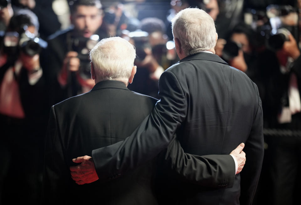 Director Martin Scorsese, left, and Robert De Niro pose for photographers upon departure from the premiere of the film 'Killers of the Flower Moon' at the 76th international film festival, Cannes, southern France, Saturday, May 20, 2023. (Photo by Scott Garfitt/Invision/AP)