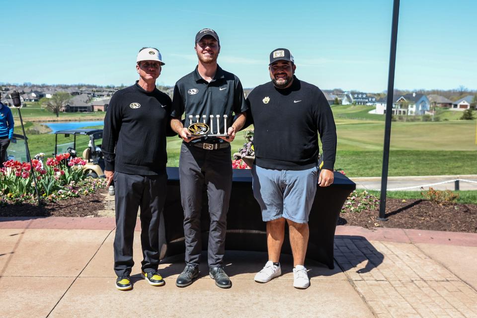 Missouri golfer Jack Lundin, center, poses with Mizzou head coach Glen Millican, left, and assistant coach Sean Carlon, right, after winning the individual title at the Tiger Invitational on Tuesday, April 9, at The Club at Old Hawthorne in Columbia.