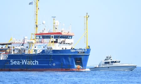 The migrant search and rescue ship Sea-Watch 3 carrying stranded migrants, sails near the island of Lampedusa