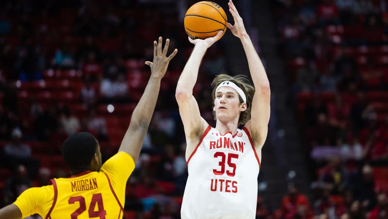 Utah Utes center Branden Carlson (35) shoots a 3-pointer during game at the Huntsman Center in Salt Lake City on Saturday, Feb. 25, 2023. The Utes open Pac-12 tournament play Wednesday night against Stanford in Las Vegas.