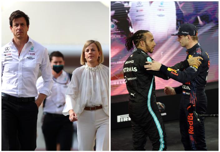 Susie Wolff junto a su marido Toto Wolff y Lewis Hamilton felicitando a Max Verstappen por su título de la Fórmula 1. (Foto: Clive Rose / Getty Images /  Irwen Song / ATPImages / Getty Images).