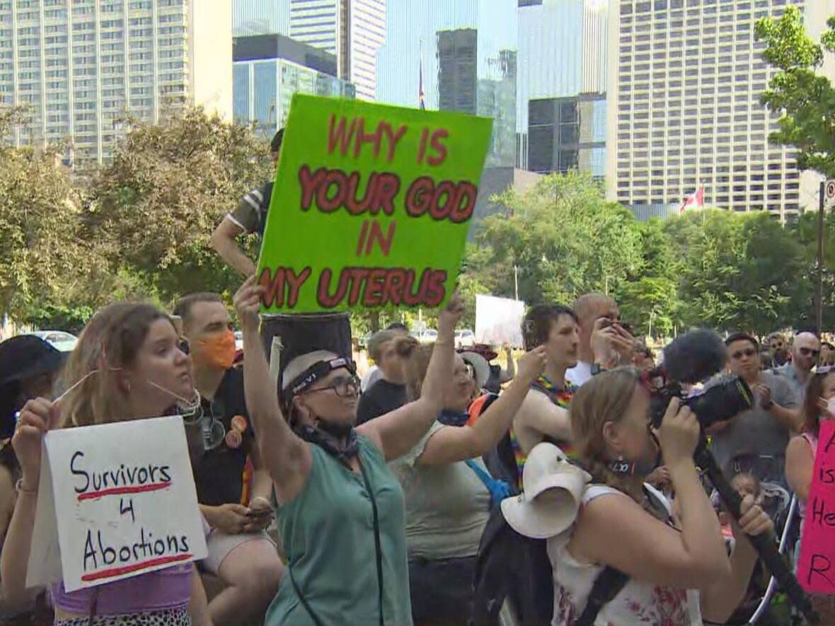 Protestors held a rally outside the U.S. Consulate in Toronto on Saturday in response to the U.S. Supreme Court's decision to overturn Roe v. Wade on Friday. (Mark Bochsler/CBC - image credit)