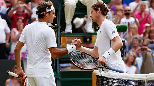 Federer and Murray at Wimbledon in 2015. Image: Getty