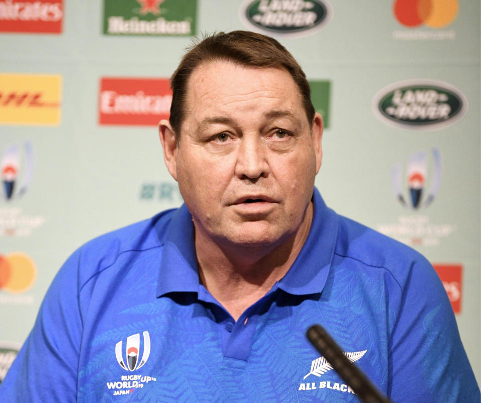 New Zealand’s coach Steve Hansen speaks during a press conference to name his side ahead of the Rugby World Cup in Japan, in Tokyo Thursday, Sept.19, 2019. New Zealand will play against South Africa on Saturday, Sept. 21 in Yokohama. (Tsuyoshi Ueda/Kyodo News via AP)