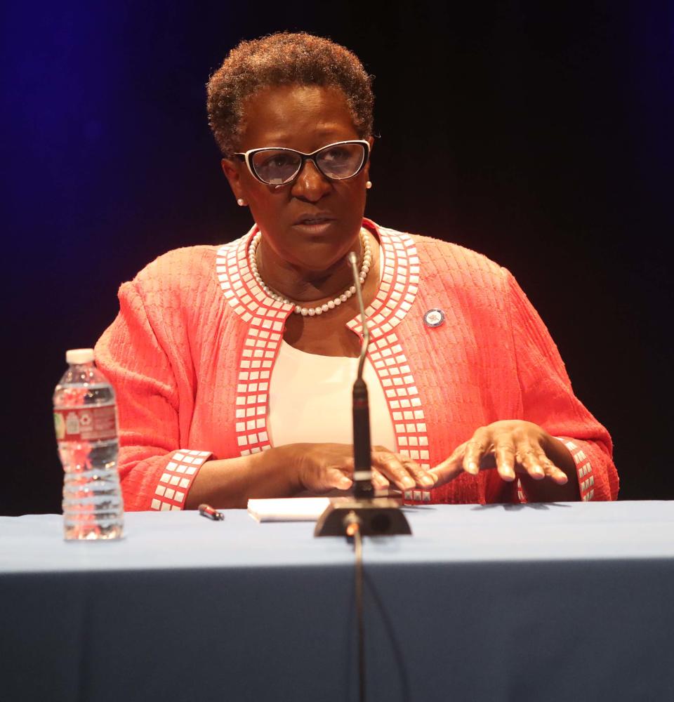 Memphis mayoral candidate Karen Camper answers a question during a mayoral forum hosted by The Commercial Appeal, WMC Action News 5, and the League of Women Voters at the Rose Theater on the University of Memphis campus on Thursday, September 14, 2023.