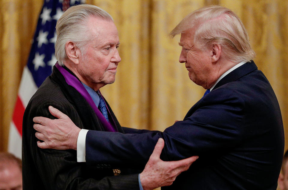 President Trump greets actor Jon Voight, a National Medal of Arts recipient, during the award ceremony on Nov. 21. (Photo: Tom Brenner/Reuters)