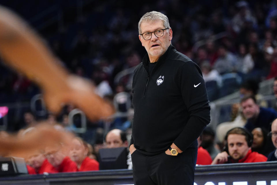 Connecticut head coach Geno Auriemma watches his team during the first half of an NCAA basetball game against St. John's Wednesday, Jan. 11, 2023, in New York. (AP Photo/Frank Franklin II)