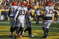 Cincinnati Bengals wide receiver Ja'Marr Chase (1) celebrates with teammates after he caught a touchdown pass against the Pittsburgh Steelers during the second half an NFL football game, Sunday, Sept. 26, 2021, in Pittsburgh. (AP Photo/Gene J. Puskar)