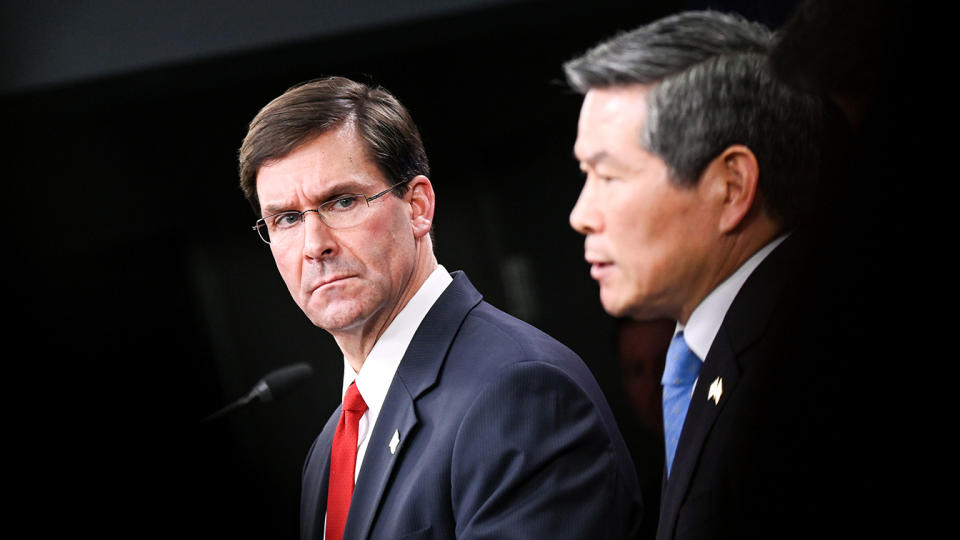 U.S. Defense Secretary Mark Esper and South Korea's National Defense Minister Jeong Kyeong-doo participate in a news conference at the Pentagon in Washington, U.S., February 24, 2020. (Erin Scott/Reuters)