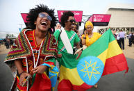 LONDON, ENGLAND - JULY 27: Ethiopia fans enjoy the atmosphere outside the Olympic stadium during the Olympics Opening Day as part of the London 2012 Olympic Games at the Olympic Park on July 27, 2012 in London, England. (Photo by Jeff J Mitchell/Getty Images)