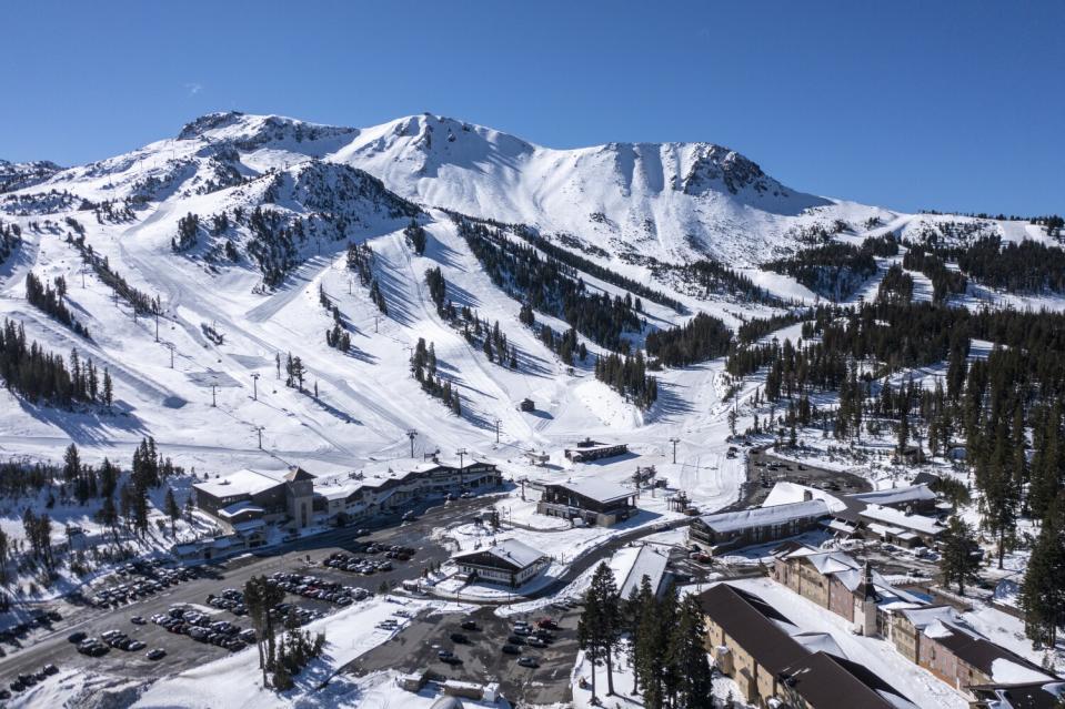 An aerial view of snow-covered Mammoth Mountain