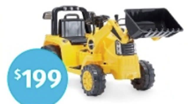 The ride-on electric Caterpillar tractor has a working radio and lights, and can reach speeds of up to 4km/h. Picture: Aldi