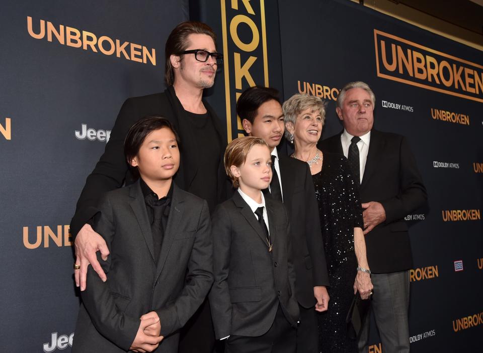 Brad Pitt and children Pax, Shiloh, Maddox, Jane Pitt, and William Pitt at 2014 premiere of "Unbroken."