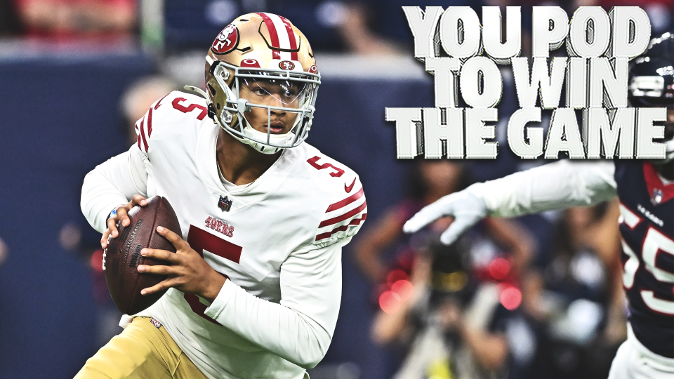 Aug 25, 2022; Houston, Texas, USA;  San Francisco 49ers quarterback Trey Lance (5) looks to pass the ball during the first quarter gainst the Houston Texans at NRG Stadium. Mandatory Credit: Maria Lysaker-USA TODAY Sports