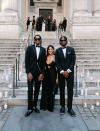 <p>Utah Jazz basketball player Jordan Clarkson, Klutch Sports COO Fara Leff and Love's Cleveland Cavaliers teammate Darius Garland nail the black tie dress code. </p>