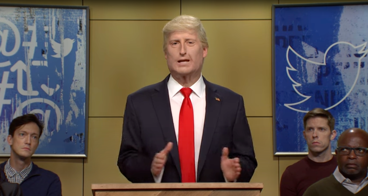 James Austin Johnson playing Donald Trump on SNL in a sketch in which he asks to be let back on Twitter (NBC)