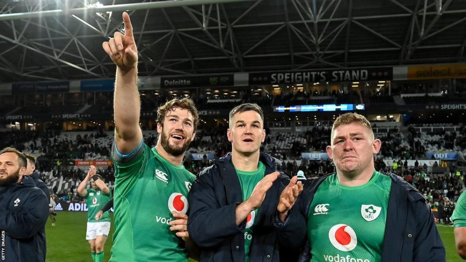 Caelan Doris, Johnny Sexton and Tadhg Furlong pictured after Ireland beat New Zealand