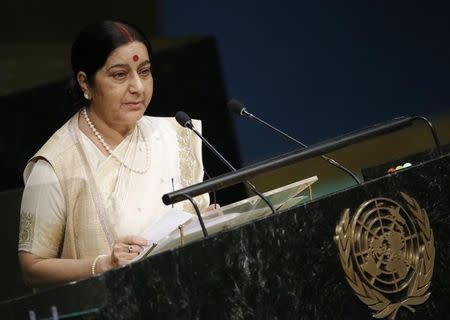 India's Minister of External Affairs Sushma Swaraj addresses attendees during the 70th session of the United Nations General Assembly at the U.N. Headquarters in New York, October 1, 2015. REUTERS/Carlo Allegri