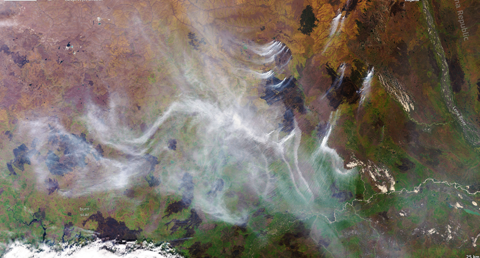 Satellite imagery shows the effect of wildfires in Siberia. Source: European Union, Copernicus Sentinel-3 imagery