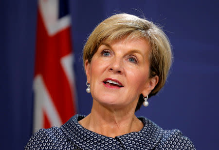 FILE PHOTO: Australian then Foreign Minister Julie Bishop speaks at a joint press conference with New Zealand's then Foreign Minister Gerry Brownlee (not pictured) in Sydney, Australia, May 4, 2017. REUTERS/Jason Reed/File Photo