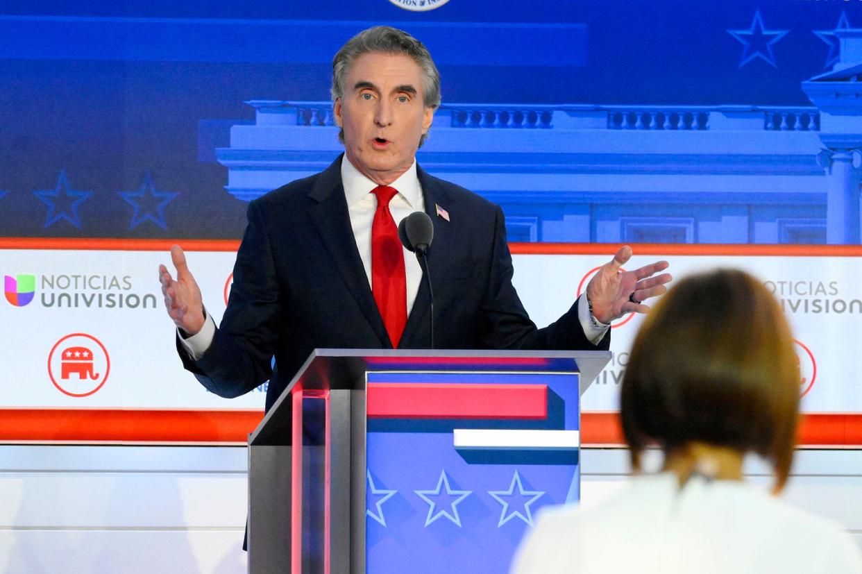 North Dakota Gov. Doug Burgum speaks during the FOX Business Republican presidential primary debate at the Ronald Reagan Presidential Library and Museum.