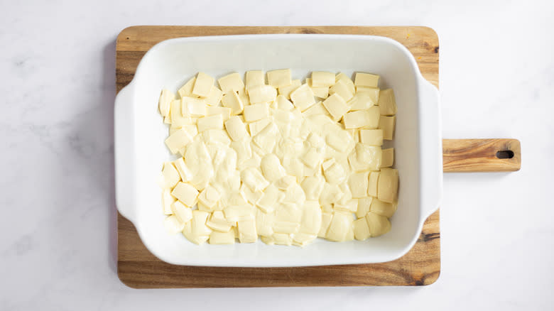 melted white chocolate on tray 