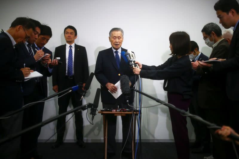 Tokyo 2020 president Yoshiro Mori holds a news conference in Tokyo