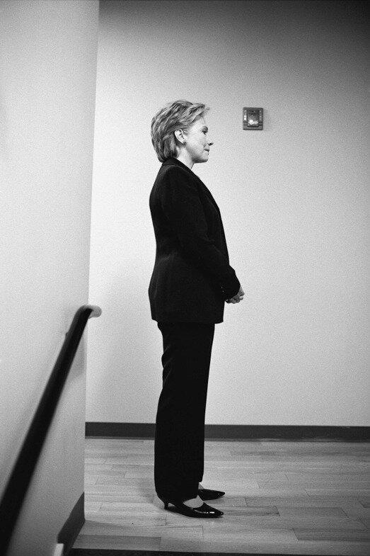 Hillary gathers her thoughts moments before her introduction at Nueva Esperanza Academy Charter High School in Philadelphia. Apr. 18, 2008.